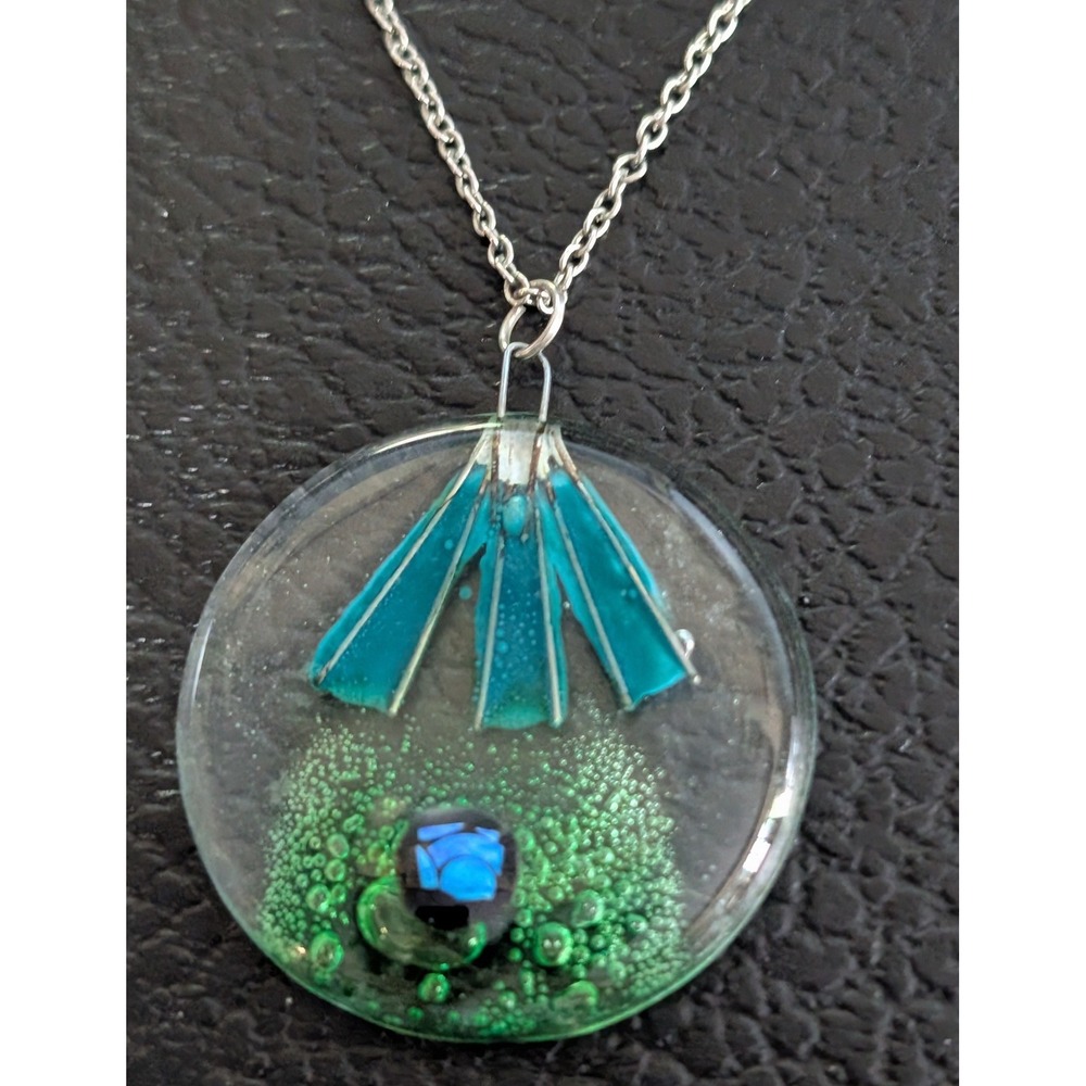 Vintage Teal Glass Pendant Necklace Abstract Green Blue Clear Disc
